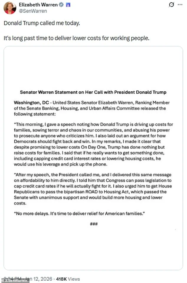 Unexpected Cordial Phone Call Between Trump and Warren Focuses on Credit Card Interest Rates, Marking Rare Moment of Cooperation